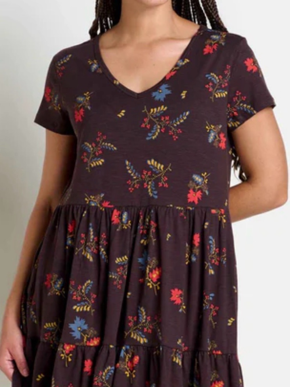 Toad&Co Dark Brown Floral V-Neck Tiered Short Sleeve Tunic